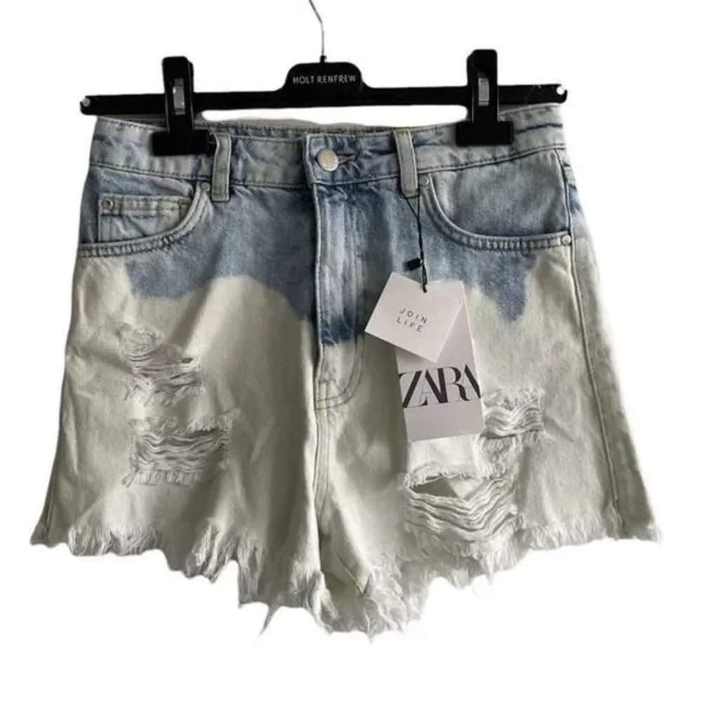 ZARA High Rise Cut Off Denim Jean Shorts Bleached White Blue 4